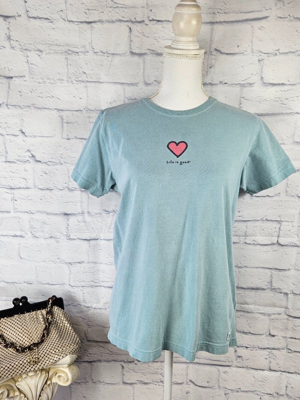 Life is Good Womens Size Medium Blue/Green Heart Love Short Sleeve Tee T-Shirt